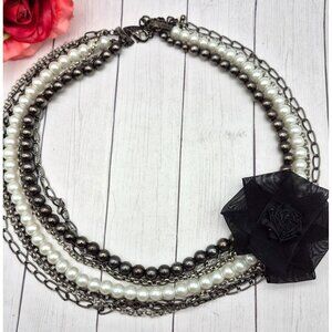 Gun Metal Chain Beads Faux Pearls & Black Bow Multi Strand Collar Necklace 23"